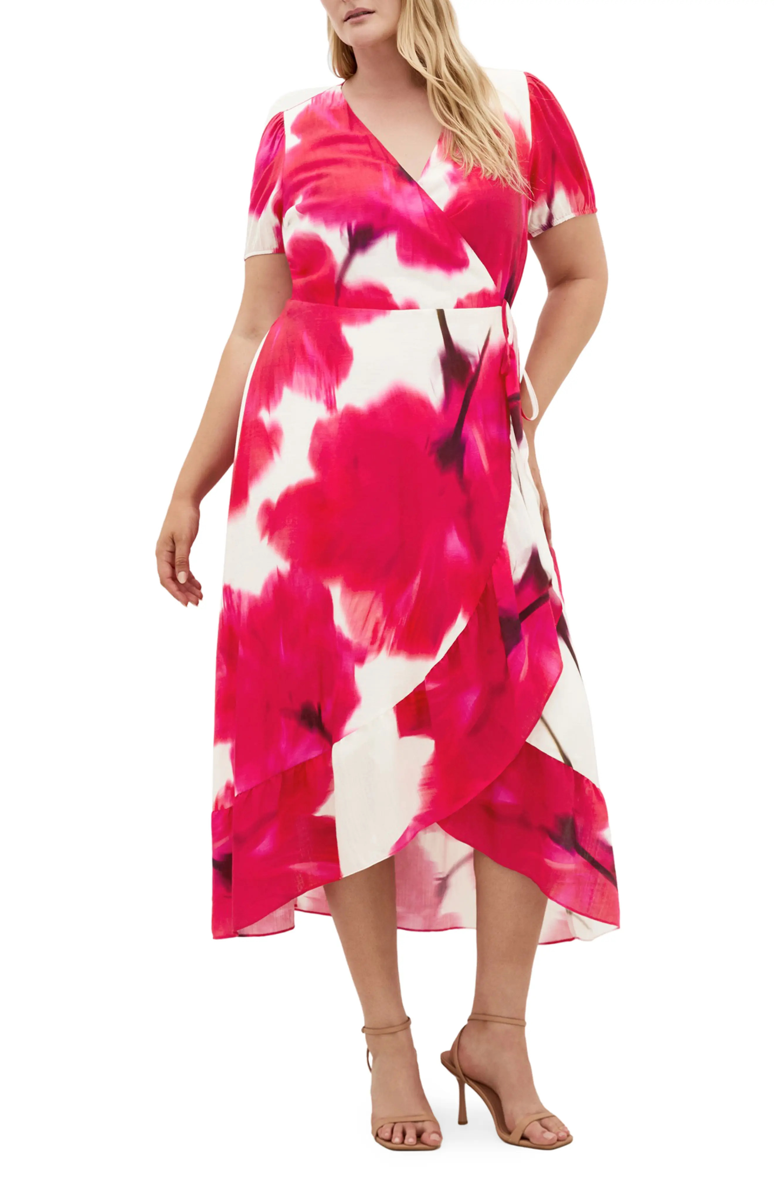 City Chic Bea Floral Print Wrap Midi Dress in Raspberry Bloom at Nordstrom, Size Xxl | Nordstrom