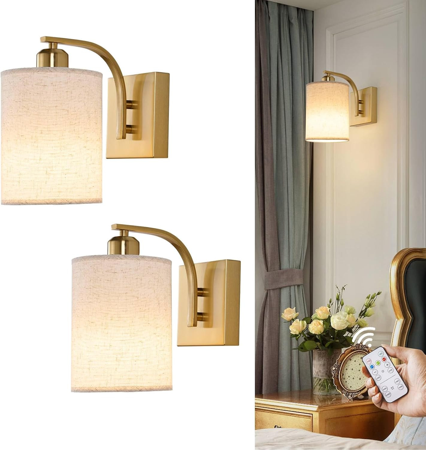 Gold Rechargeable Wall Sconces Set of 2 with Remote, Wireless Battery Operated Dimmable LED Wall Lights, Cordless Wall Lighting Lamp Fixture for Bedroom Living Room | Amazon (US)