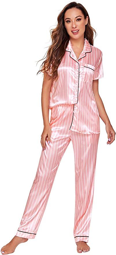 WDIRARA Women's Sleepwear Striped Satin Short Sleeve Shirt and Pants Pajama Set | Amazon (US)