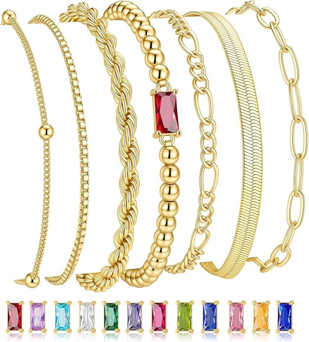 M MOOHAM Mothers Day Gifts - Gold Birthstone Bracelets Stack for Women - 14K Real Gold Plated Bea... | Amazon (US)
