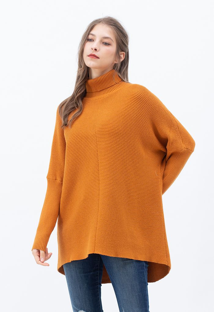 Effortless Chic Turtleneck Batwing Sleeve Hi-Lo Sweater in Caramel | Chicwish
