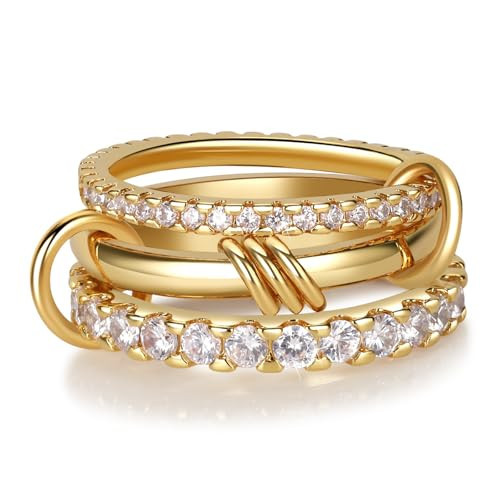 AIPULIDUO Gold Stackable Rings for Women Non Tarnish, 18K Gold Plated CZ Cubic Zirconia Rings, Golden Rings Set, Multi-Link Connected Rings | Amazon (US)