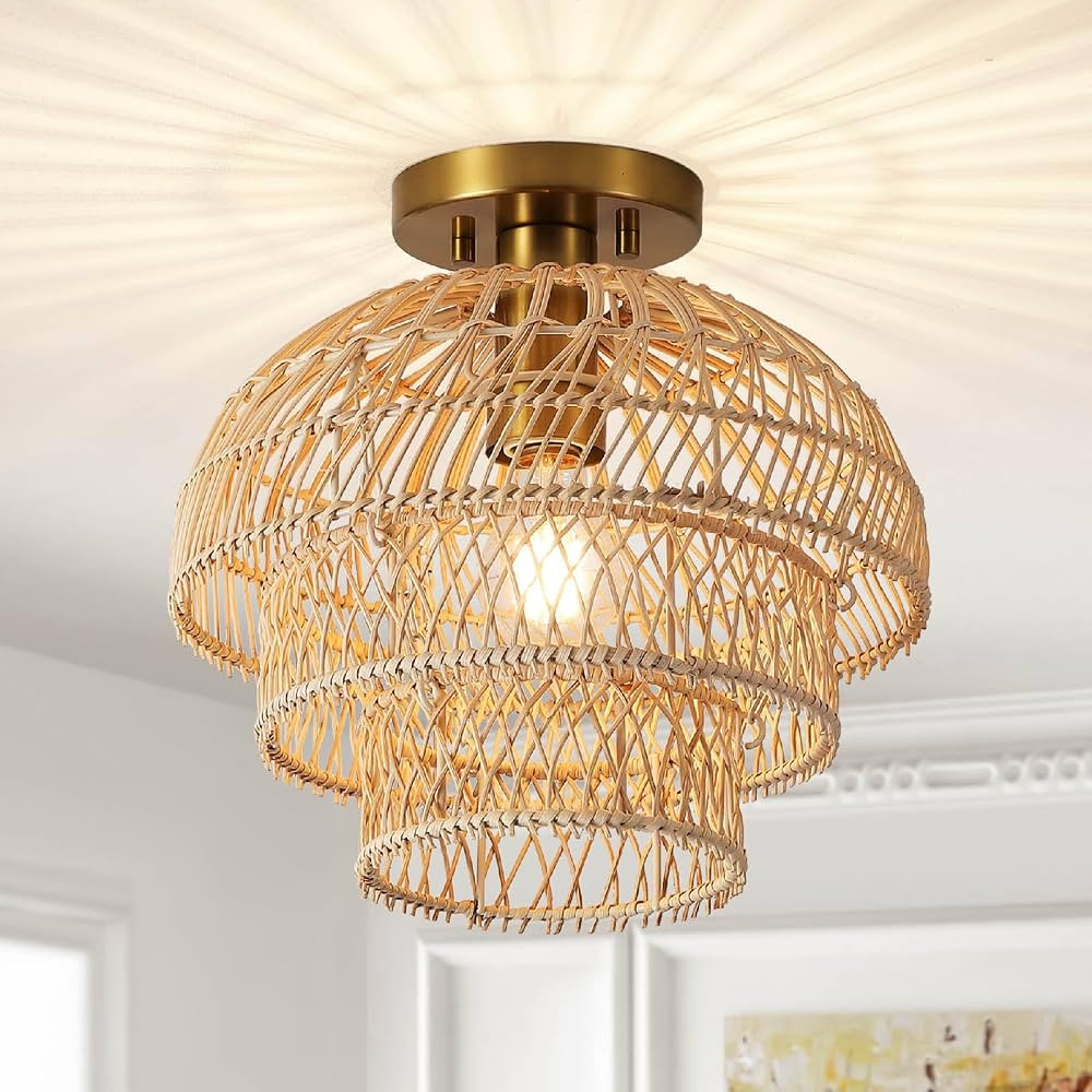 12'' Rattan Ceiling Light Fixtures Boho Chandelier Rattan Semi Flush Mount Ceiling Light with Tie... | Amazon (US)