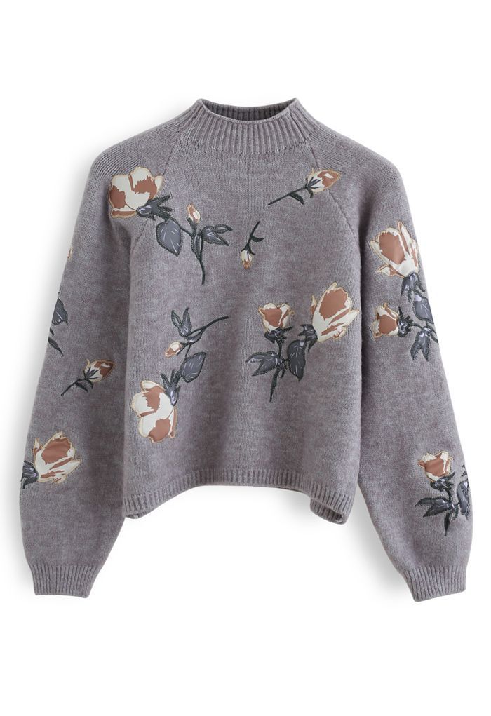 Digital Floral Print Embroidered Knit Sweater in Grey | Chicwish
