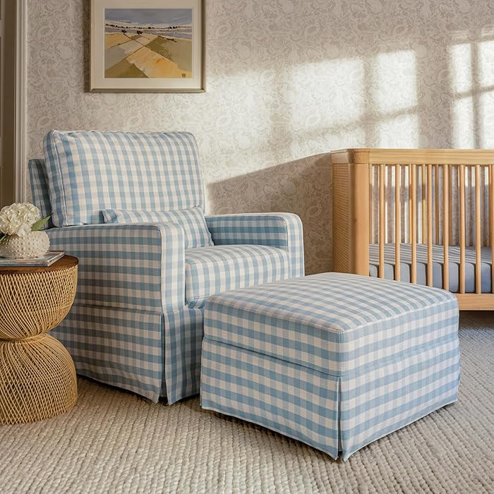 Namesake Crawford Gliding Ottoman in Blue Gingham, Greenguard Gold & CertiPUR-US Certified | Amazon (US)