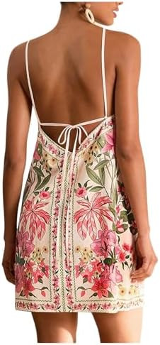 Women's Boho Tropical Tie Backless Halter Dresses Sleeveless Vacation Beach Short Dress | Amazon (US)