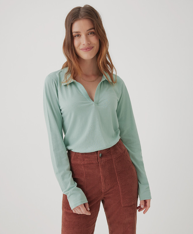 seaside linen blend long sleeve polo | Pact Apparel