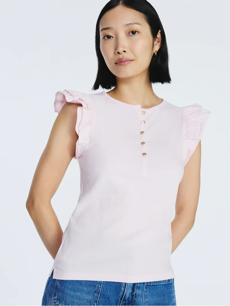 Free Assembly Women's and Women’s Plus Flutter Sleeve Henley Top, Sizes XS-4X | Walmart (US)