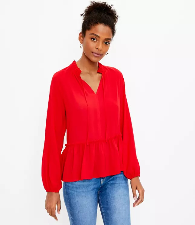 Petite Tie Neck Peplum Blouse | LOFT
