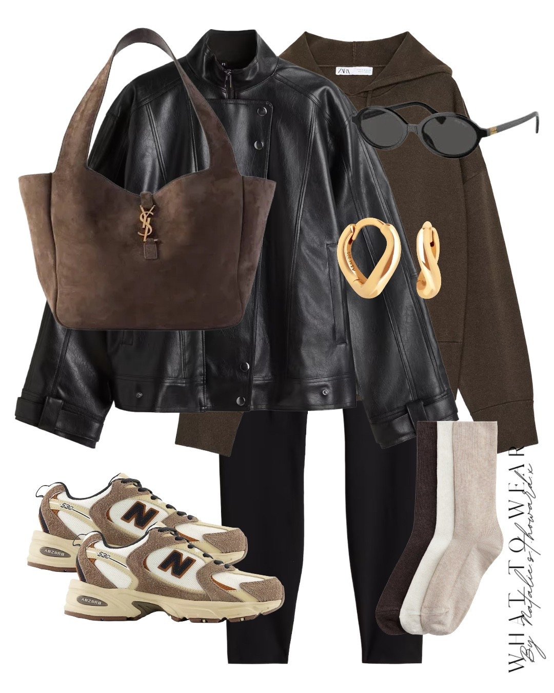 A leggings outfit idea styling these super soft leggings , a knitted brown hoodie and an oversized leather jacket . Styled with brown new balance 530 and cosy socks

#LTKautumn #LTKFashionMonth #LTKuk