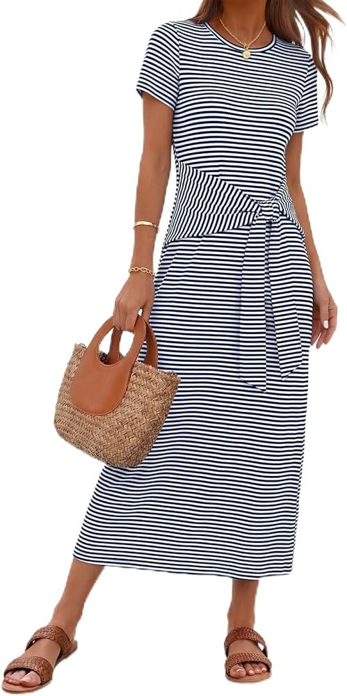 MEROKEETY Women's 2026 Summer Casual T Shirt Dresses Short Sleeve Tie Waist Long Work Beach Vacat... | Amazon (US)