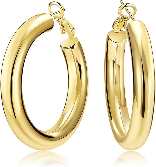 SHOWNII Chunky Gold Hoop Earrings - 14K Gold Plated Earrings for Women Hollow Tube Thick Hoops Gr... | Amazon (US)