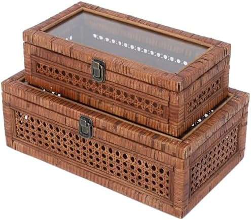 Rattan and Cane Stacking Boxes with Glass Top Lid - Set of 2 11.8" and 14.1", for Boho and Rustic... | Amazon (US)