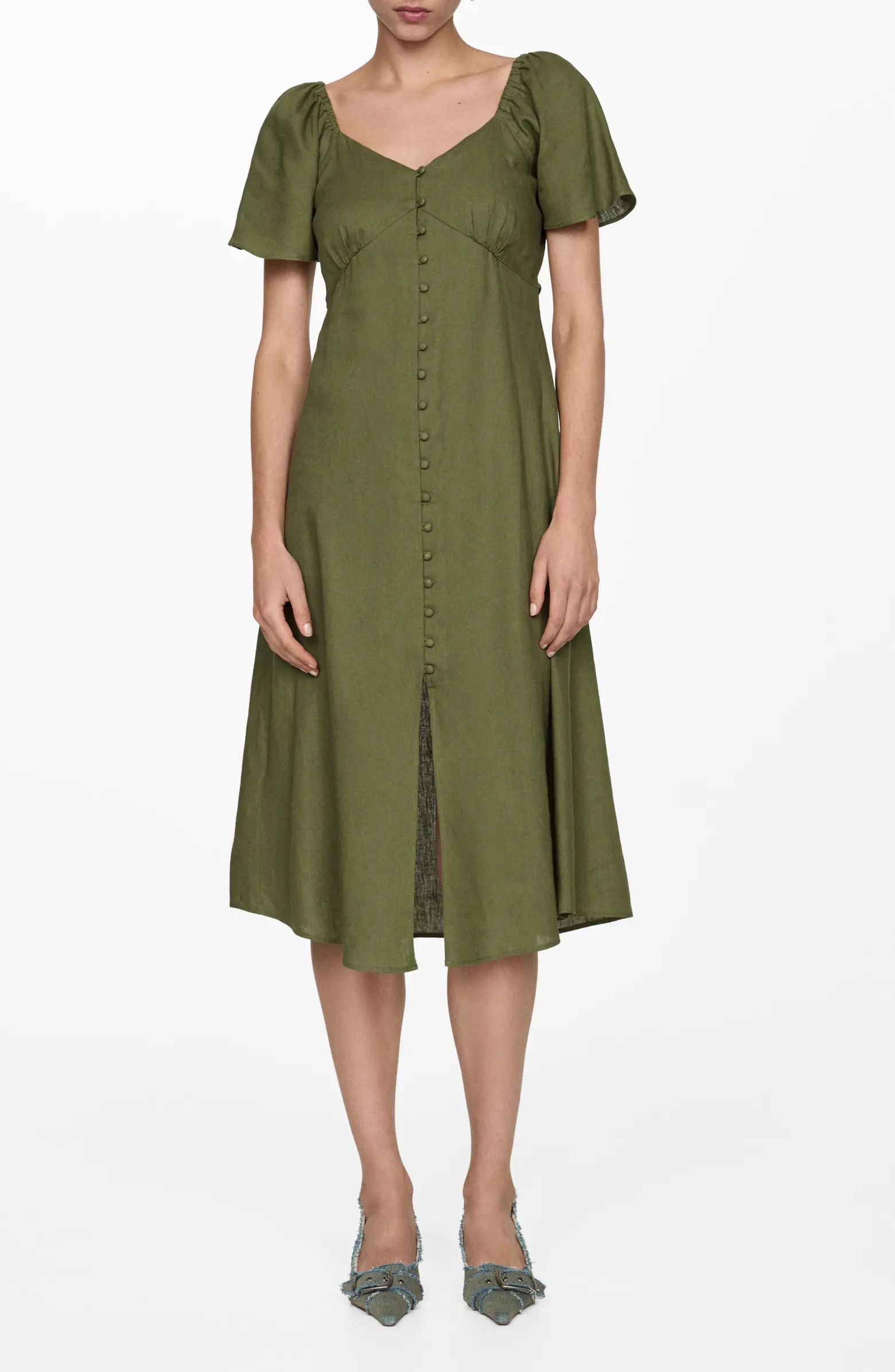 MANGO Flutter Sleeve Linen Blend Midi Dress | Nordstrom | Nordstrom