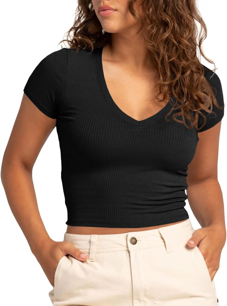 Tankaneo Womens Crop Tops Ribbed V Neck Short Sleeve Summer Basic Tees Slim Fit Y2k Shirts | Amazon (US)