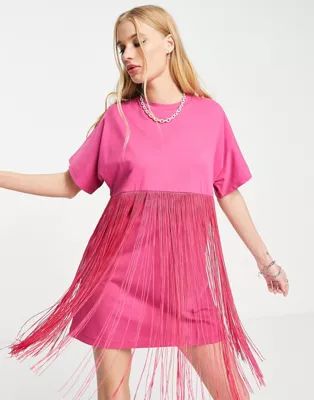 ASOS DESIGN mini T-shirt dress with fringing in bright pink | ASOS (Global)