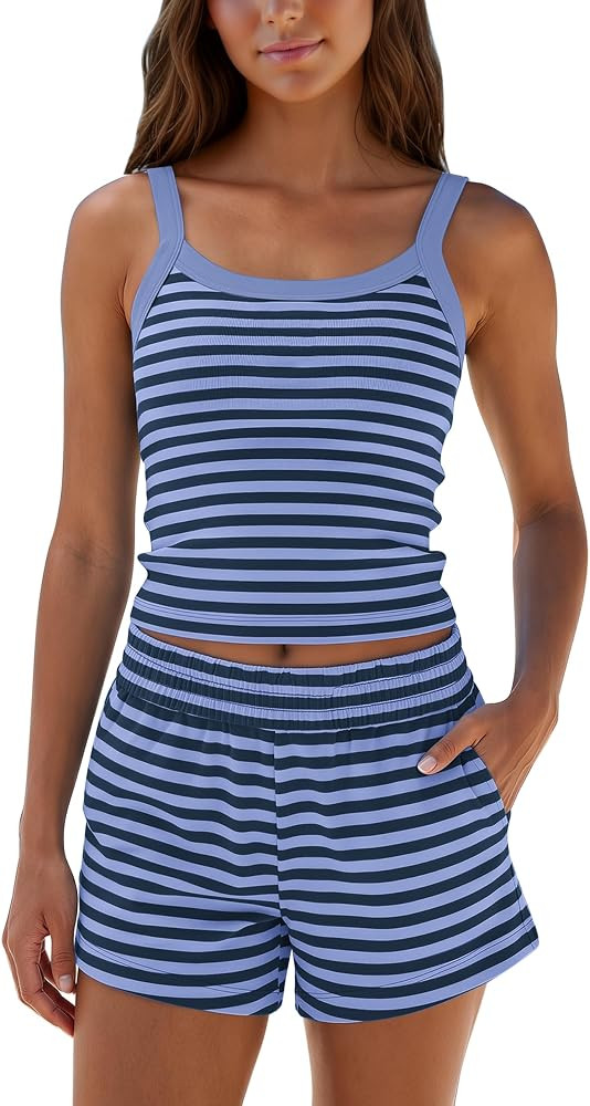 MISSACTIVER Women's Striped 2 Piece Lounge Sets Sleeveless Cami Top High Waisted Shorts with Pock... | Amazon (US)