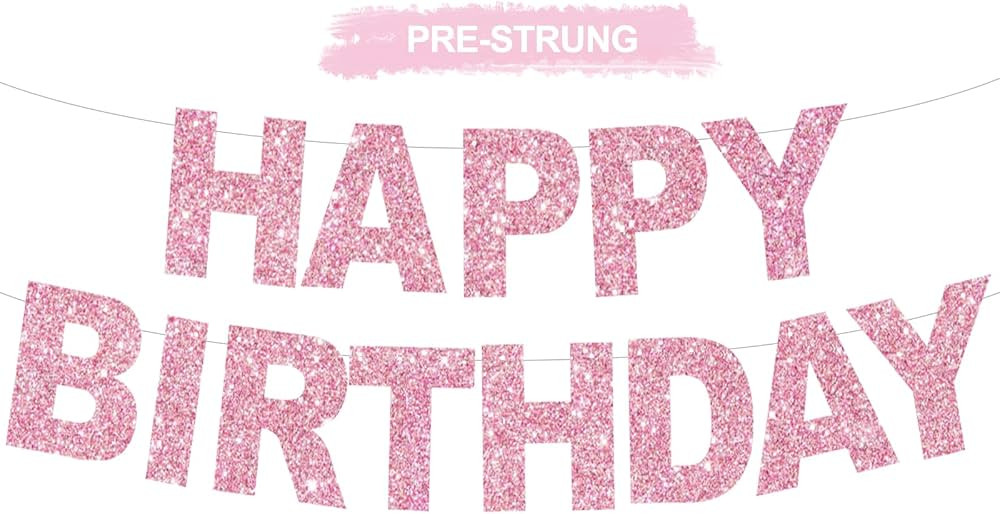 BEISHIDA Pre-Strung Glitter Pink Happy Birthday Banner Party Sign Decor | Amazon (US)
