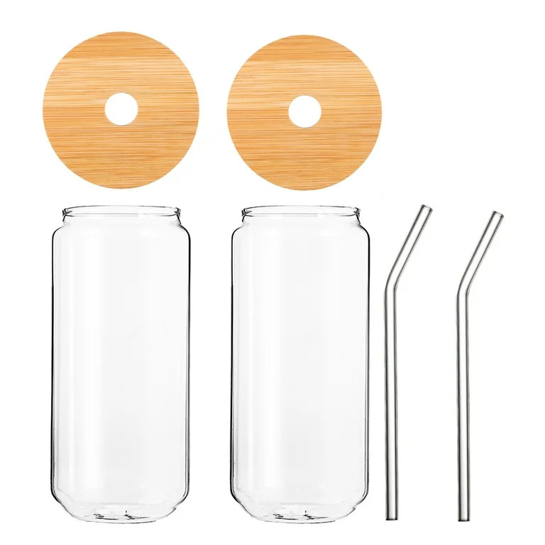 2 Sets of Clear Glass Mugs with Lid and Straw Lovely Glass Drinking Cups | Walmart (US)