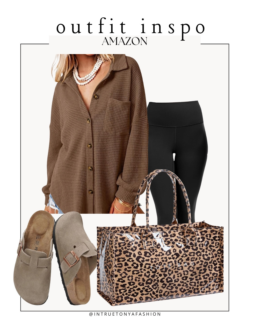 Waffle knit button down shirt with black leggings, faux suede clog shoes, and leopard print tote bag





Amazon outfits, fall outfit inspo, outfit ideas, casual outfits amazon, amazon outfits every day, outfit ideas 2026, fall outfits, fall outfits Amazon, midsize fall outfit inspo, petite outfits for fall, Amazon fall fashion, casual fall style, trending fall fashion, September outfit ideas, autumn outfits

#LTKootd #LTKSaleAlert #LTKPetite