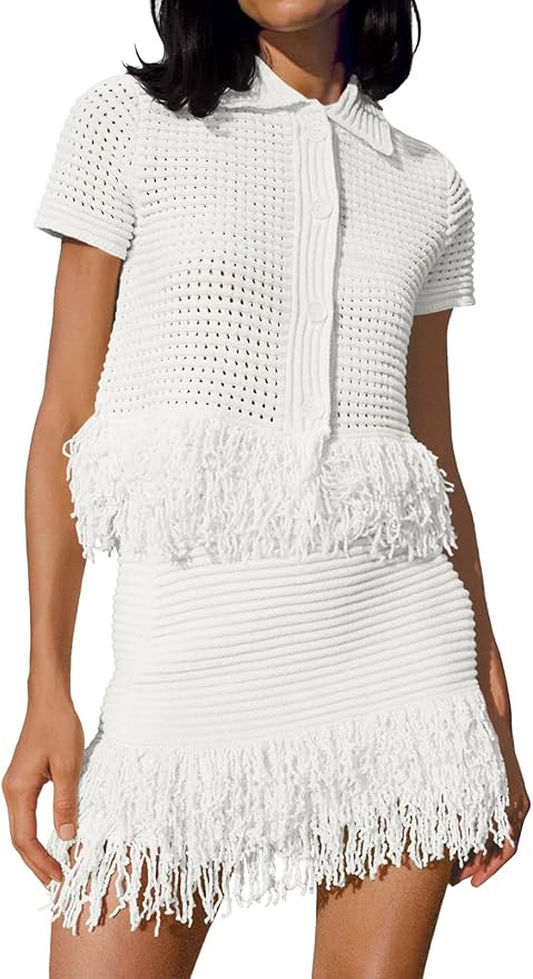 Fisoew Womens 2 Piece Crochet Outfits Short Sleeve Button Knit Sweater Tops Fringe Skirt Summer V... | Amazon (US)