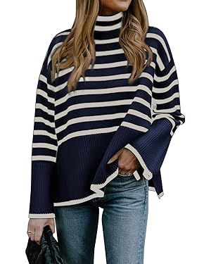 2023 Women's Long Sleeve Striped Sweater Turtleneck Casual Loose Side Split Ribbed Knit Oversized... | Amazon (US)