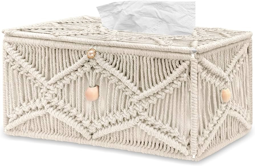 Handmade Tissue Box Cover Rectangle Decorative Macrame Boho Tissue Holder Cotton Rope Woven Napki... | Amazon (US)