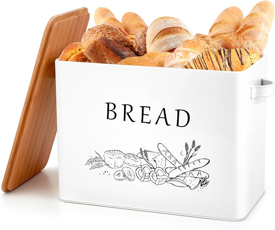 Herogo White Extra Large Bread Box with Bamboo Lid for Kitchen Countertop, Metal Bread Bin Storag... | Amazon (US)