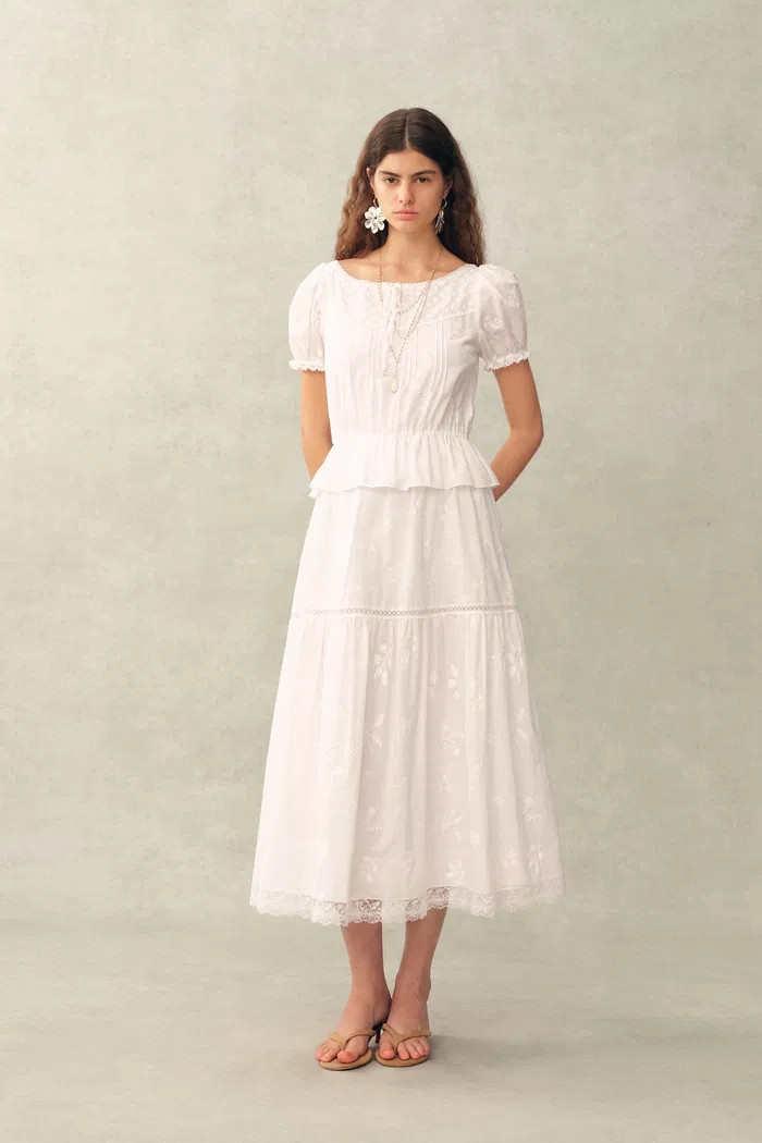 Elise Lace Embroidered Puff Sleeve Waist Cinched Dress in Cotton Jacqu | Fabrique