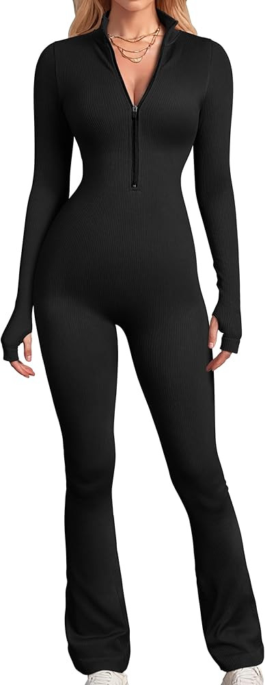 OQQ Women's Yoga Jumpsuits Ribbed Long Sleeve Zip Front Sport Bell Bottoms Flare Jumpsuits | Amazon (US)