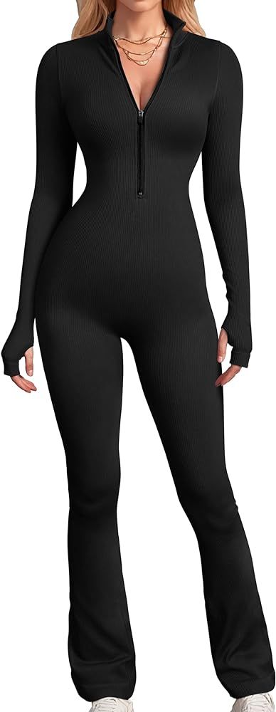 OQQ Women's Yoga Jumpsuits Ribbed Long Sleeve Zip Front Sport Bell Bottoms Flare Jumpsuits | Amazon (US)