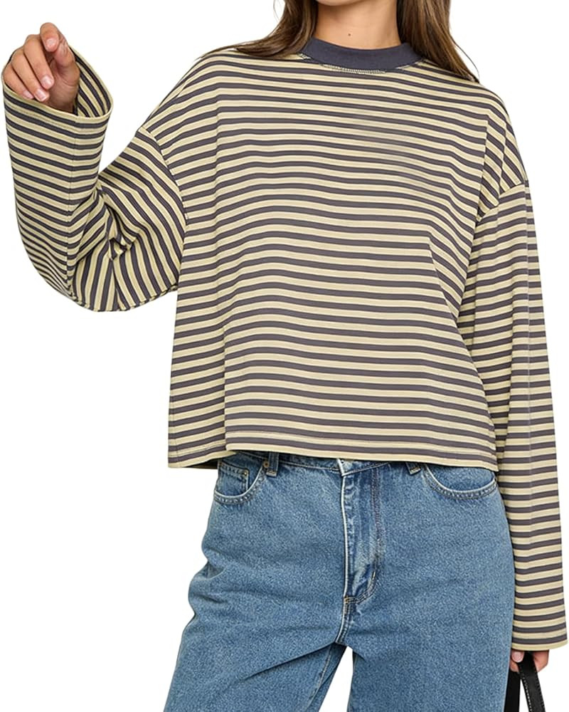 Striped Long Sleeve Shirt Women Oversized Y2K Vintage Crewneck Sweatshirt Baggy T Shirts Cute Preppy Tops Streetwear | Amazon (US)