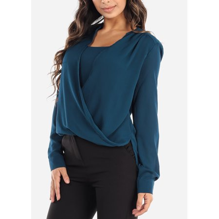 Womens Long Sleeve Blouse Wrap Front Dressy Career Wear Teal Top 10405H | Walmart (US)