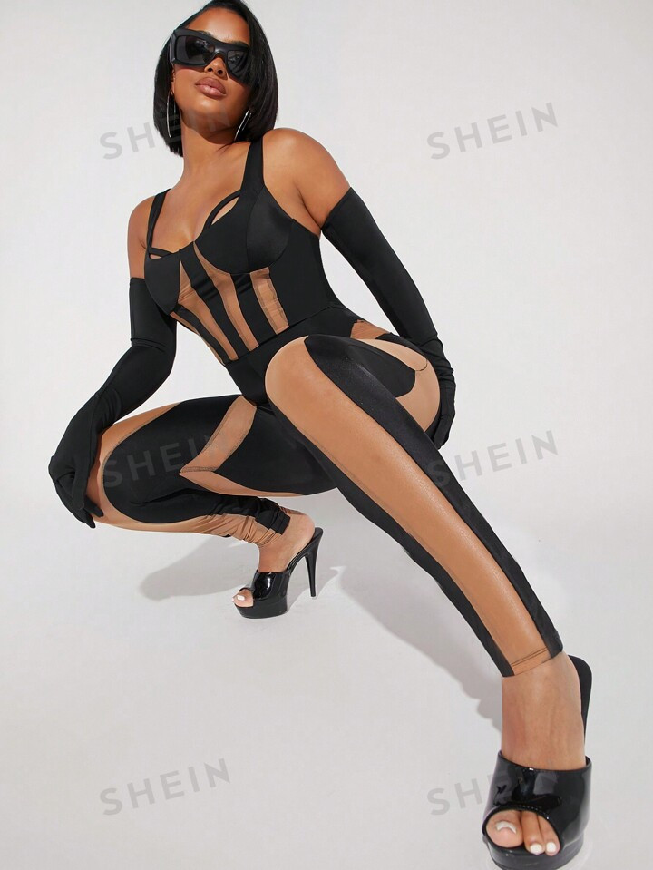 SHEIN Haute Two Tone Cold Shoulder Mesh Insert Jumpsuit | SHEIN