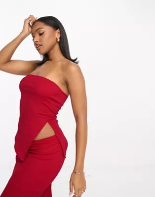 ASOS DESIGN textured bandeau top co-ord with asymmetric hem in red | ASOS (Global)