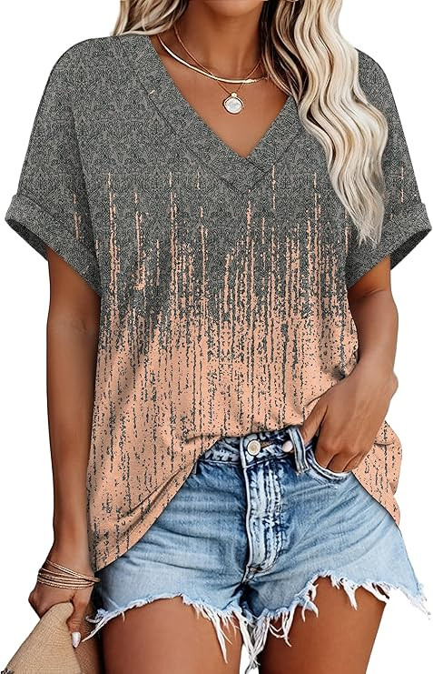 WIHOLL Womens Short Rolled Sleeve Shirts Oversized V Neck Tshirts Plus Size Summer Tops 2026 Dres... | Amazon (US)