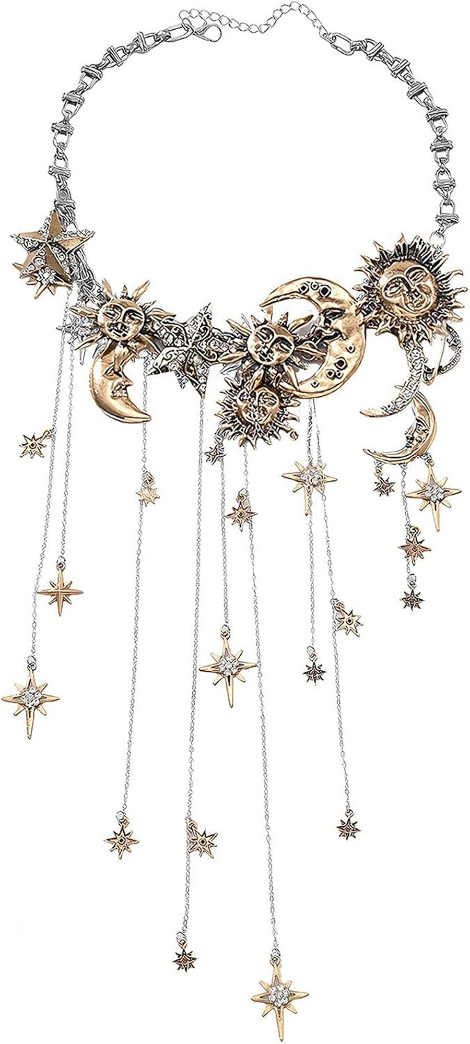 Sun Moon Stars Multi Pendant Tassel Necklace, Crystal Waterfall Tassel Rhinestone Crescent Pentagram Fringe Pendant | Amazon (US)