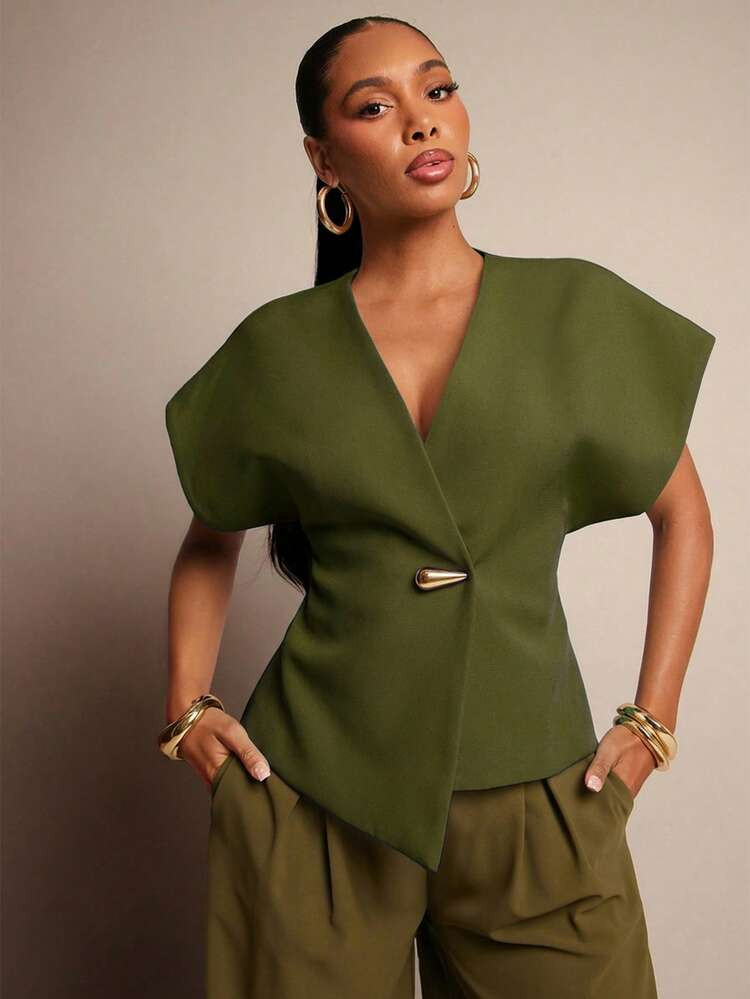 Vixey Solid Textured Woven Asymmetrical Hem Single Button Waistcoat Top | SHEIN