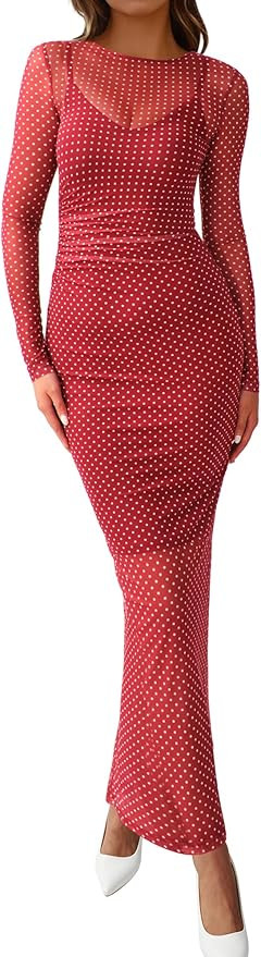 BTFBM Fall Dresses for Women 2025 2 Piece Set Long Sleeve Polka Dot Sexy Bodycon Mesh Dress and S... | Amazon (US)