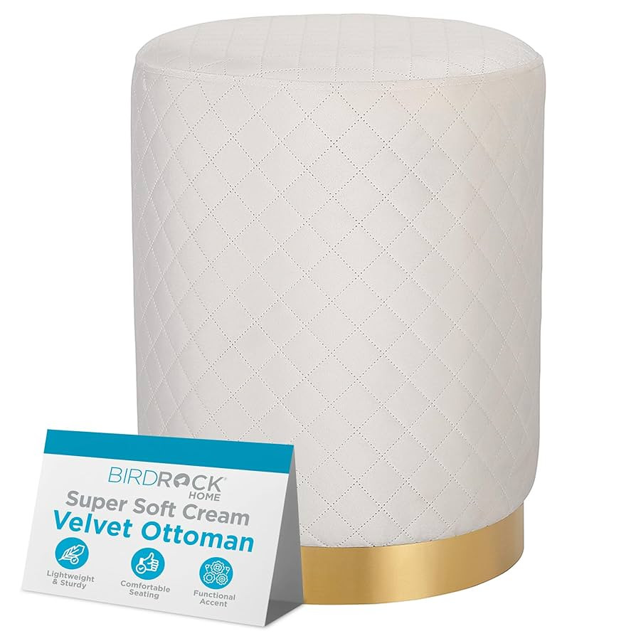 BIRDROCK HOME Velvet Round Ottoman Foot Stool with Lattice Design and Gold Trim - Soft, Padded Fo... | Amazon (US)