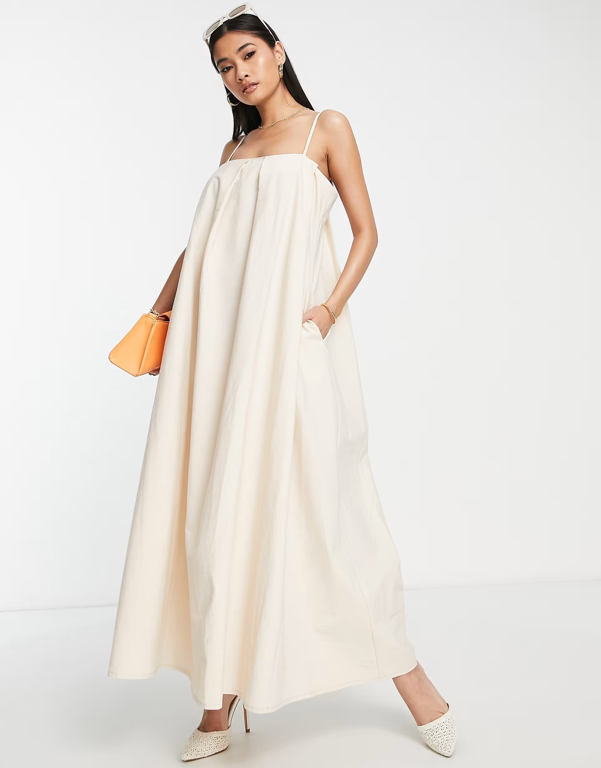 ASOS EDITION pleat front cotton cami midaxi dress in stone | ASOS (Global)