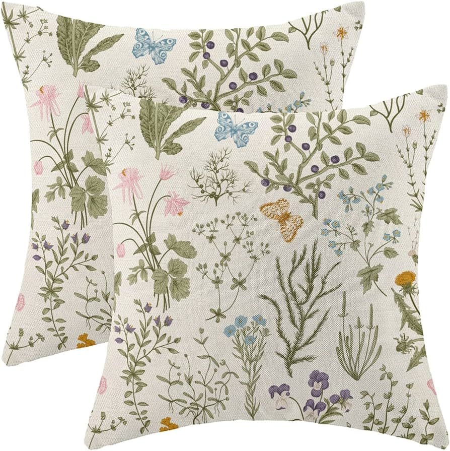 Spring Pillow Covers 20x20 Inch Set of 2,Sage Green Wild Flower Plant Throw Pillows Case,Seasonal... | Amazon (US)