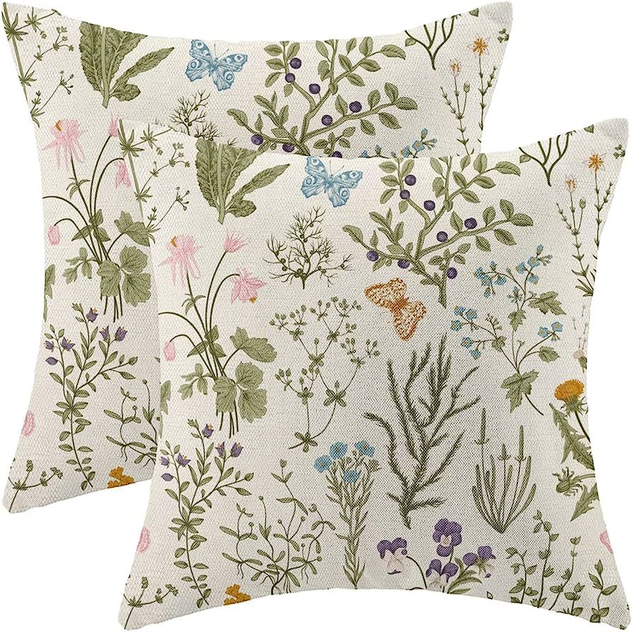 Spring Pillow Covers 20x20 Inch Set of 2,Sage Green Wild Flower Plant Throw Pillows Case,Seasonal... | Amazon (US)