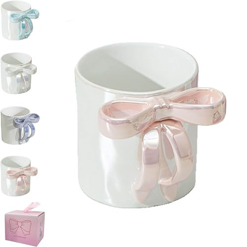 nstvifu Charming Ribbon Mugs, 12oz Pink Ceramic Christmas Bow Mug, Cute Ceramic Bow Coffee Cup with Ribbon Handle for Women Friends Coworker Valentine's Christmas Birthday Gifts (Pink) | Amazon (US)