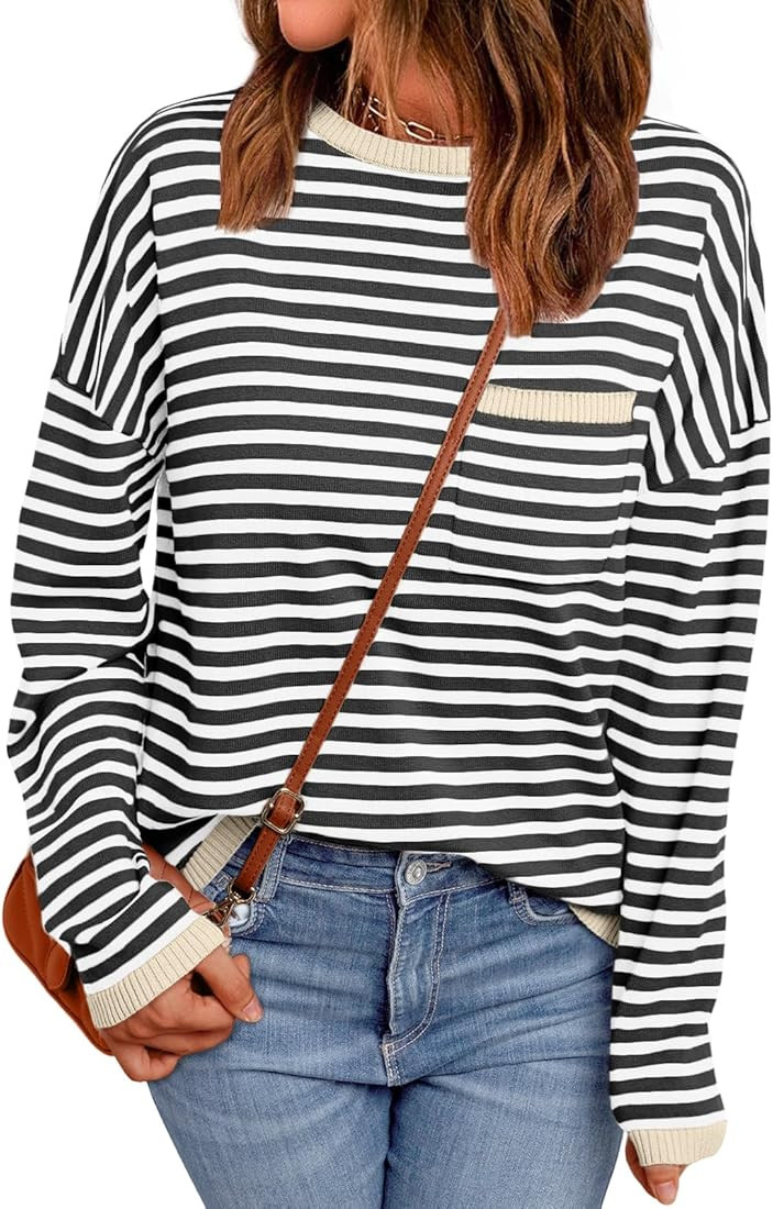 LILLUSORY Womens Oversized Striped Soft Knit Pullover Sweater Shirts with Chest Pocket | Amazon (US)