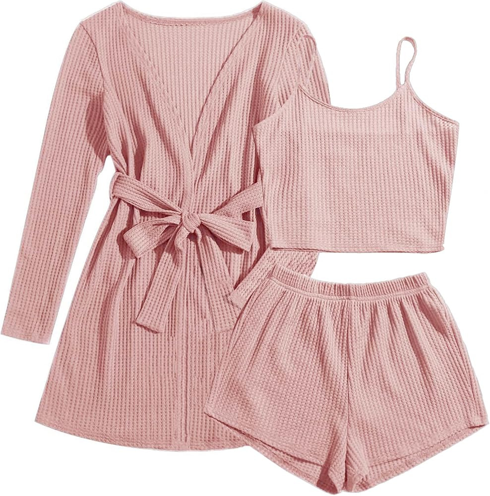 Ekouaer Womens 3 Piece Waffle Knit Lounge Set Soft Pajama Sets Tank Top and Shorts Cardigan with ... | Amazon (US)
