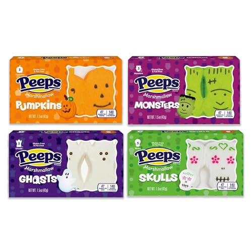Halloween Peeps Variety Pack of 4 3 of each (Total of 12 Peeps)- Ghost Peeps Marshmallow, Skulls Peep, Peep Pumpkins, and Monsters Peeps. Halloween Food, Ghost Candy, Ghost Marshmallows, Halloween Marshmallows, Halloween Snack | Amazon (US)
