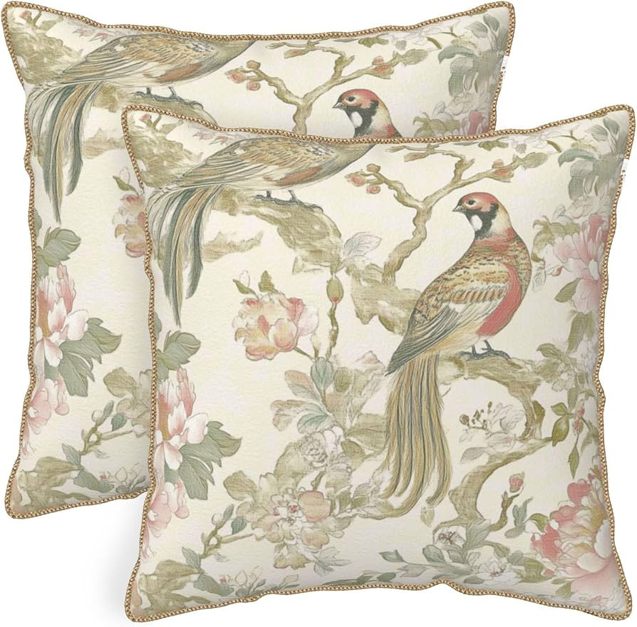 Chinoiserie Flower Bird Velvet Pillow Covers Set of 2 20x20 Inch Pink Green Floral Vintage Bird T... | Amazon (US)