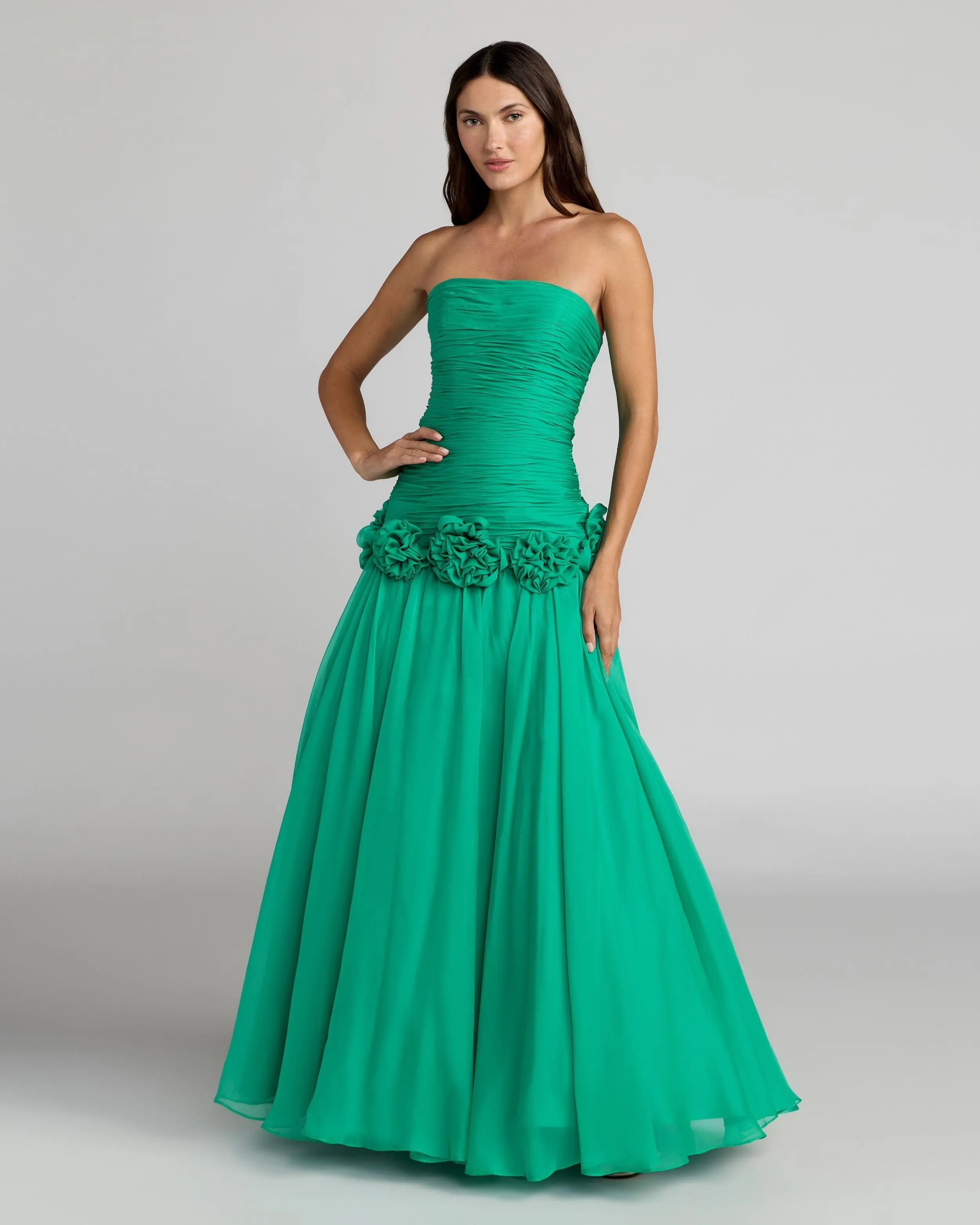 Green Strapless Chiffon Ball Gown With 3D Flowers | Mac Duggal | Mac Duggal