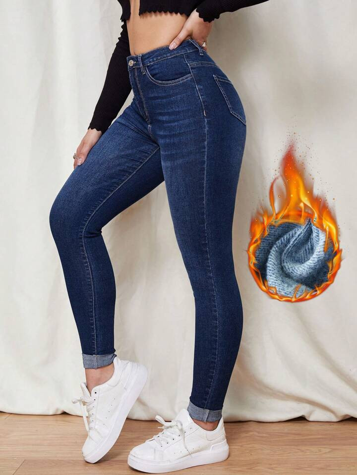 SHEIN Essnce Casual Distressed Slim Fit Denim Jeans, Autumn/Winter Warm Thanksgiving Outfit Chris... | SHEIN